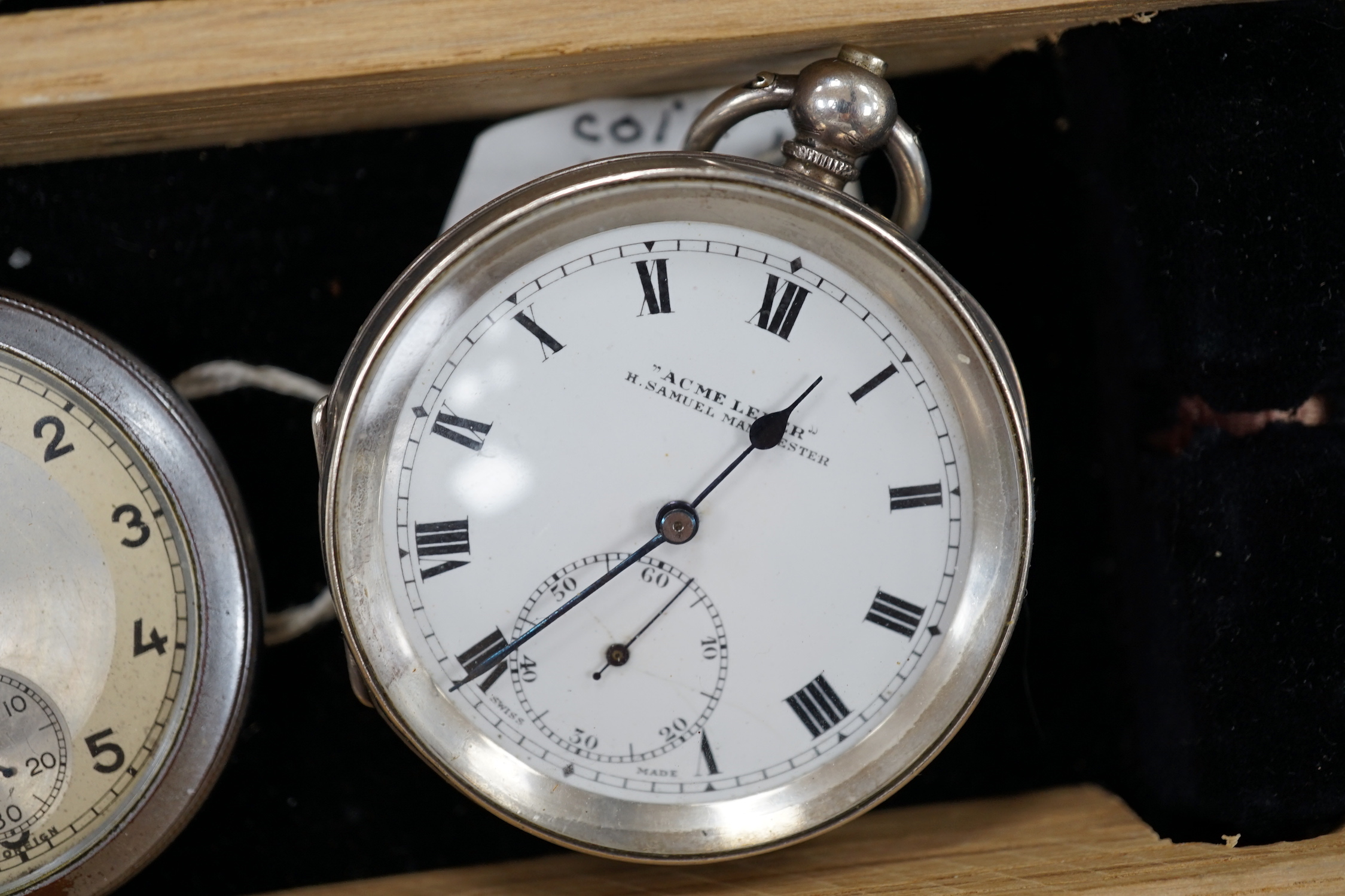 Eight assorted base metal pocket watches including Longines and Acme Lever.